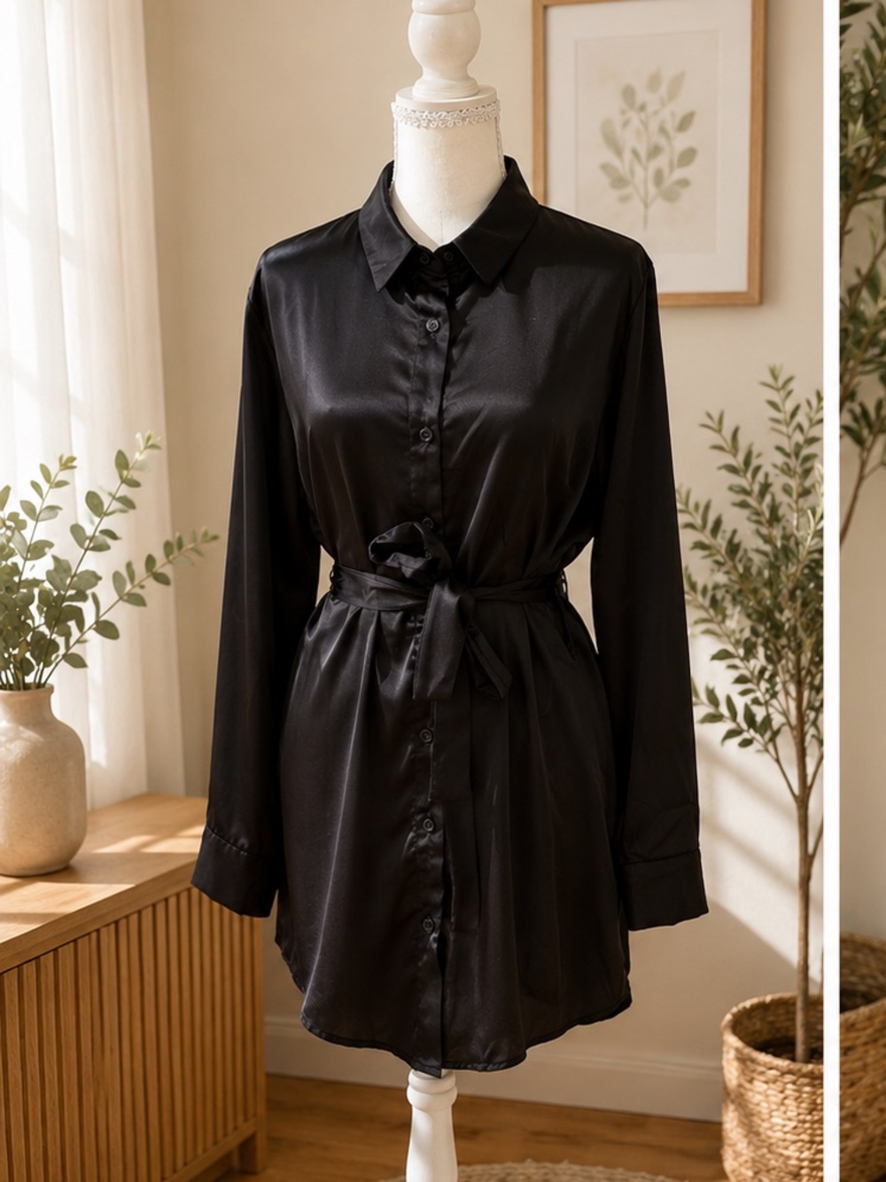 Boohoo Black Satin Button-Front Shirt with Waist Tie